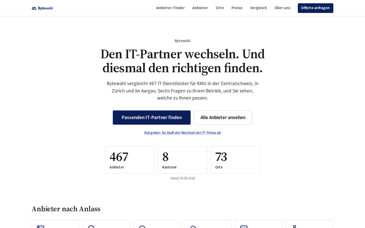 Startseite von Bytewahl: «Den IT-Partner wechseln. Und diesmal den richtigen finden.»